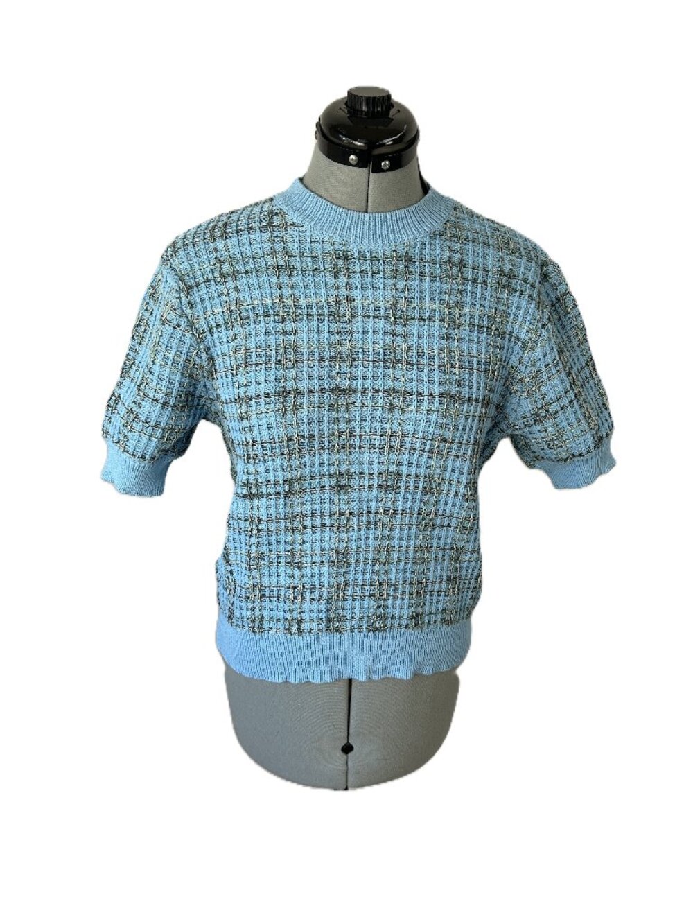 Ann Taylor Factory Blue Plaid Preppy Academia Short Sleeve Knit Sweater MP